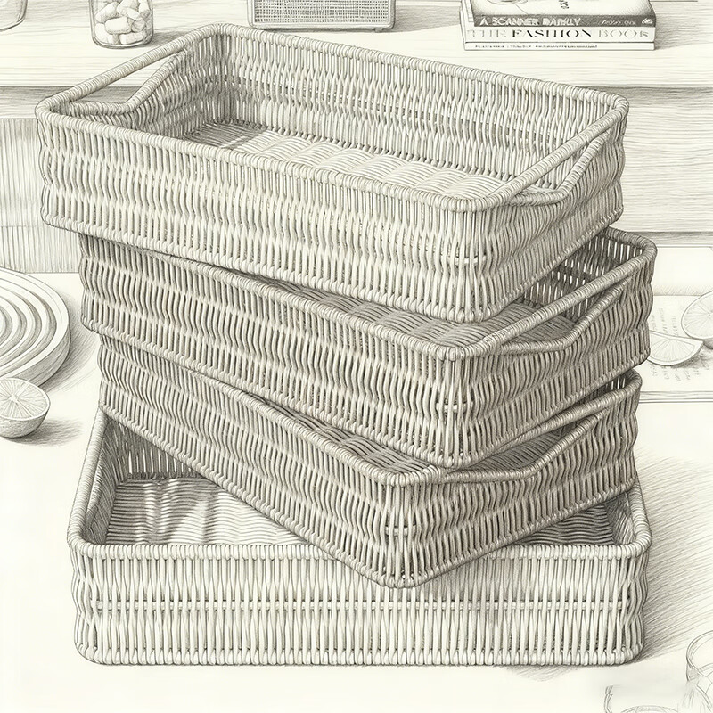 尔思家菜篮子竹编零食收纳筐仿藤编水果篮客厅长方形塑料筐洗菜沥水篮 加高黄色托盘-大号