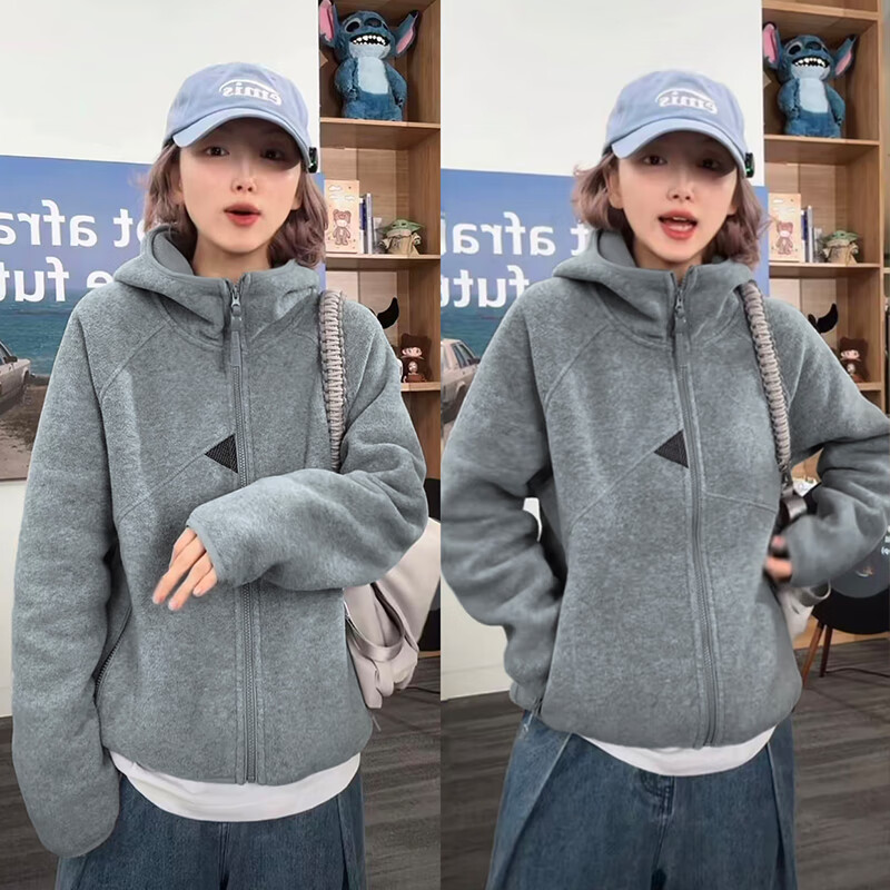 君茵摇粒绒撞色连帽卫衣男冬季新款拼接开衫加绒加厚保暖男女款外套男 灰色 XL