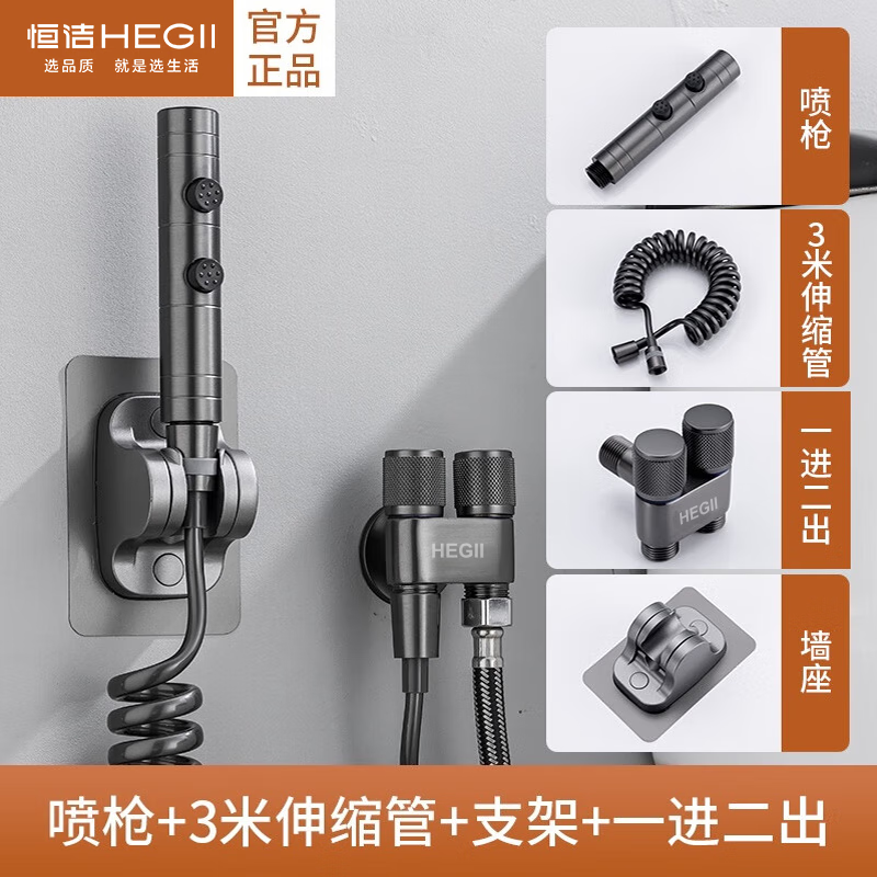 恒洁（HEGII）枪灰马桶清洗全铜喷枪水龙头三通伴侣厕所家用一进二出 【枪灰色】B款不锈钢喷枪【挂壁款】