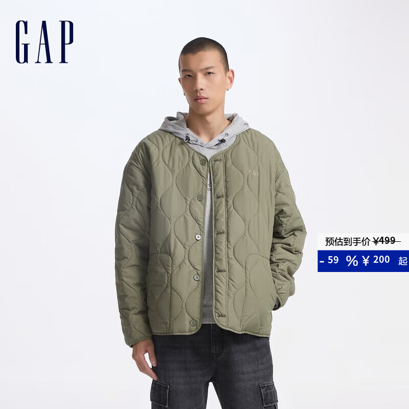 GAP男装印花logo波浪绗线外套轻薄简约风棉服619672 浅绿色 L (175/96A) 亚洲尺码 【偏大，建议拍小一码】