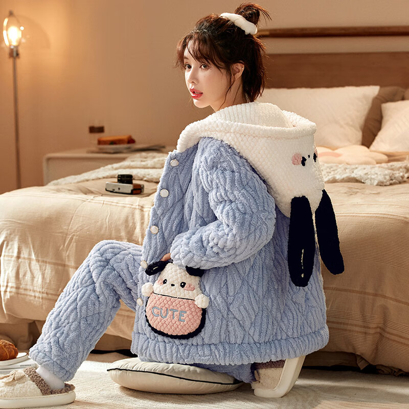 chunnian女士睡衣女冬季保暖珊瑚绒加厚加绒三层夹棉法兰绒带帽家居服套装 XEQN-2385【外套+裤子】 L