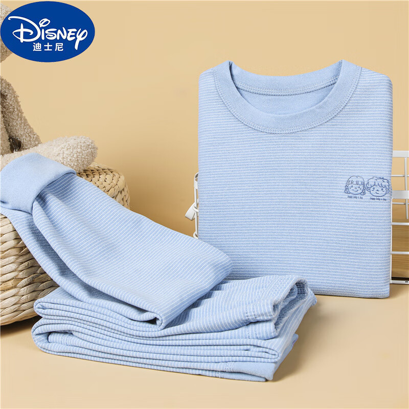 迪士尼（Disney）儿童保暖内衣套装男童秋衣秋裤女宝宝绒德无痕加绒青少年秋冬睡衣 天空蓝 90