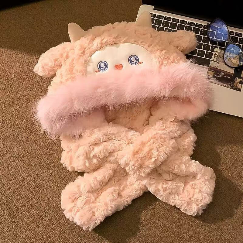 勋阳宇乐可爱卡通毛绒雷锋帽子女冬季保暖加深护耳骑行拍照套头帽 可爱小羊-粉色【耳朵会动哦】