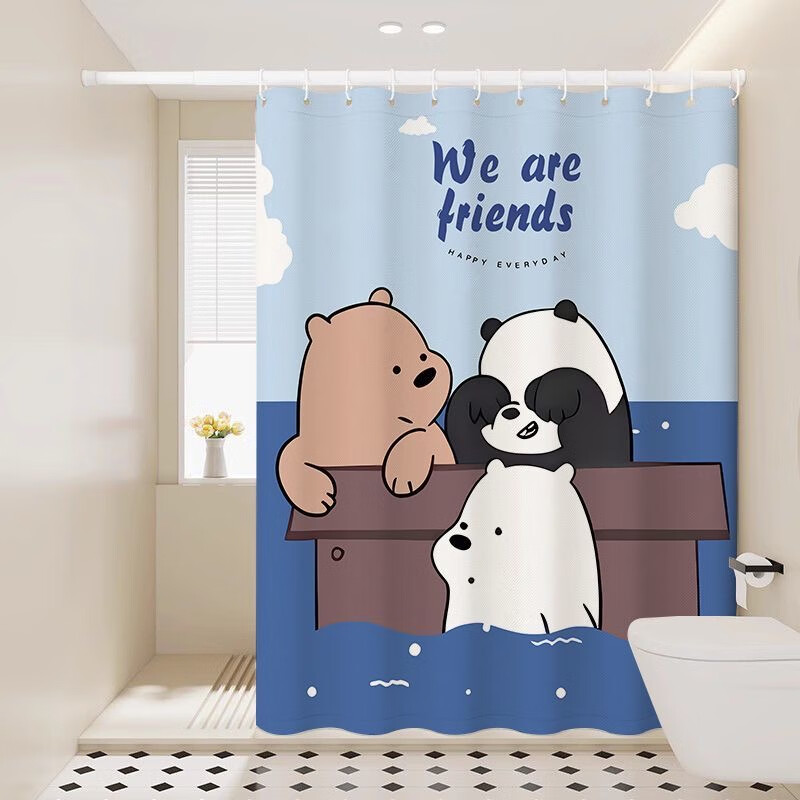 吱凡日本浴帘免打孔伸缩杆套装防水高档卫生间隔断浴室洗澡防霉窗帘布 三只小熊【160克加厚款】 【帘+杆】帘宽150x200+伸缩杆长100-170