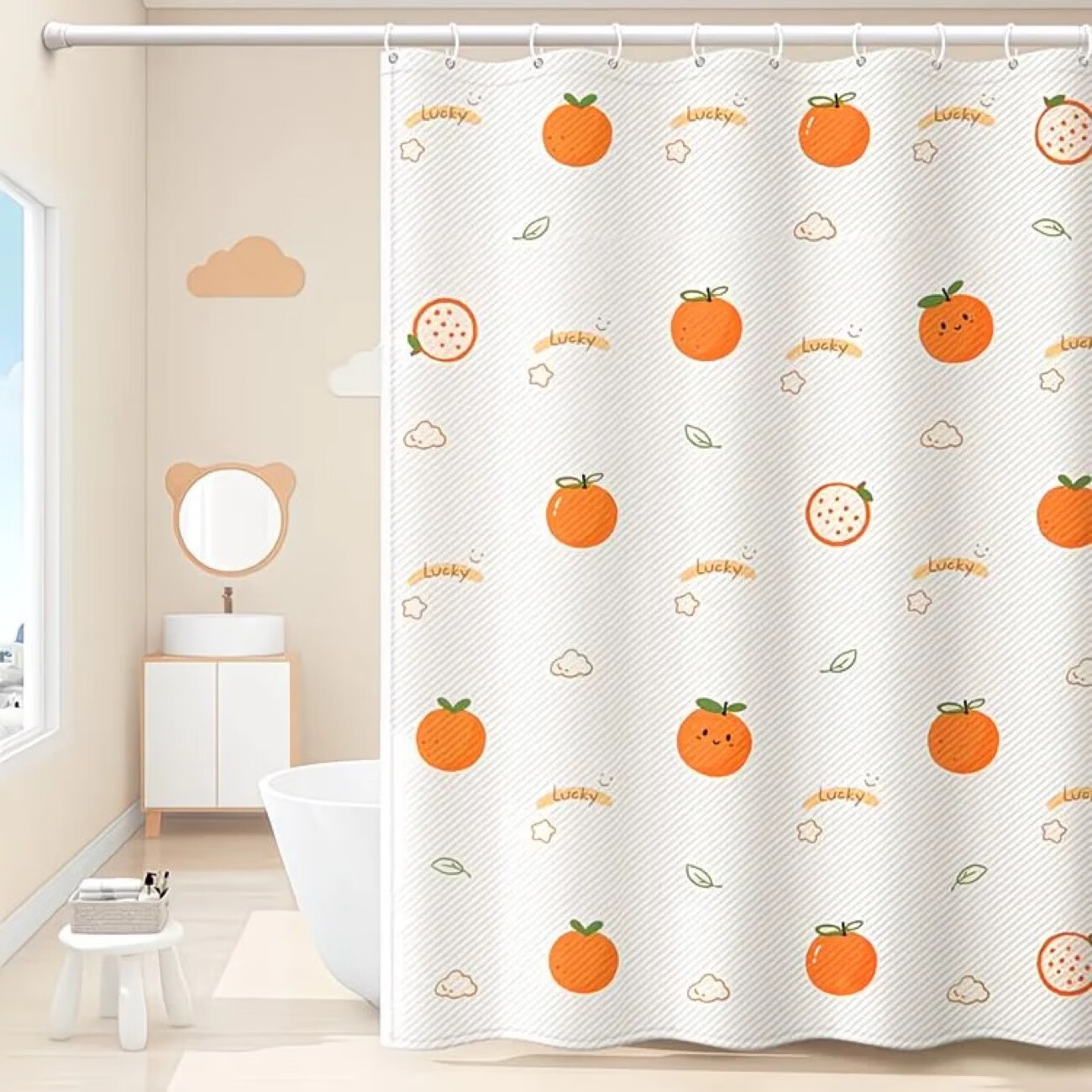 吱凡日本浴帘免打孔伸缩杆套装防水高档卫生间隔断浴室洗澡防霉窗帘布 大桔大利【160克加厚款】 【帘+杆】帘宽150x180+伸缩杆长100-170