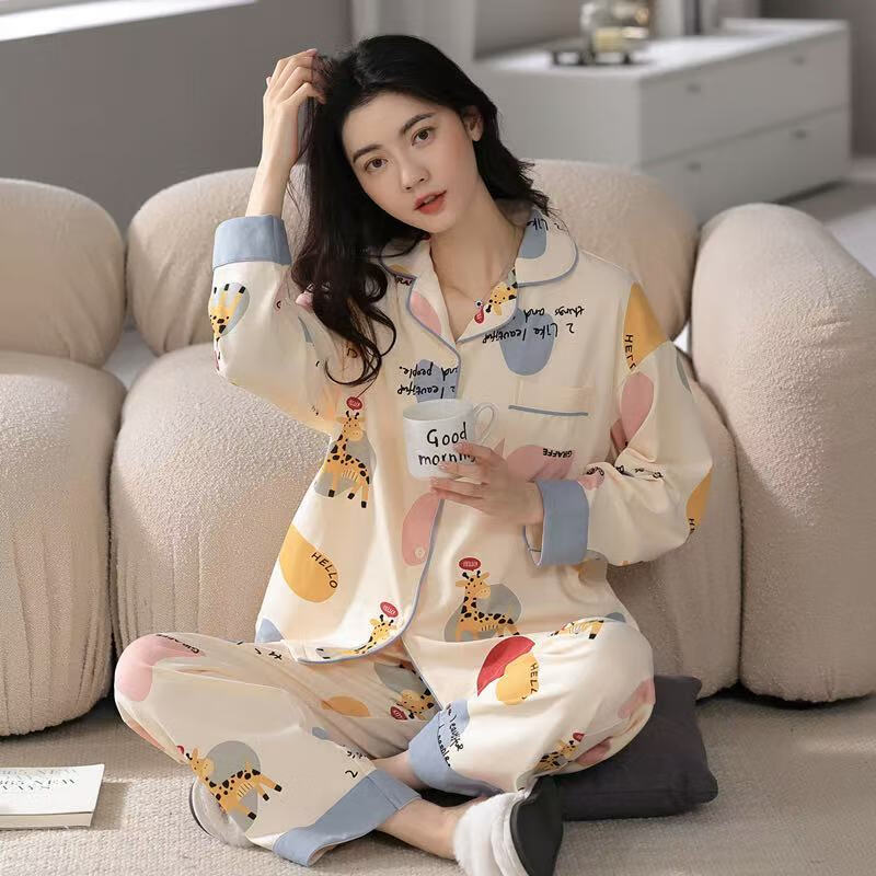 chunnian纯棉睡衣女士春秋长袖新款宽松翻领夏季可外穿全棉家居服两件套装 LMS-QZ9211 M