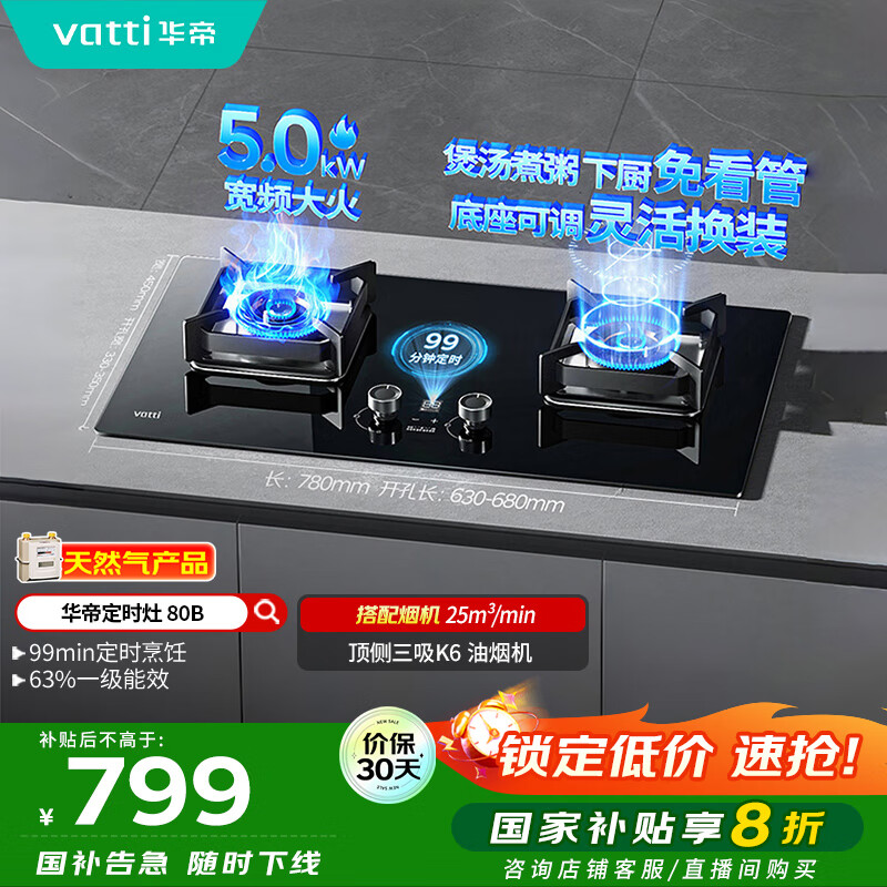 华帝（VATTI）国家政府补贴定时燃气灶天然气嵌入式5.0kW大火力猛火煤气灶双灶台灶具i10080B【天然气产品】
