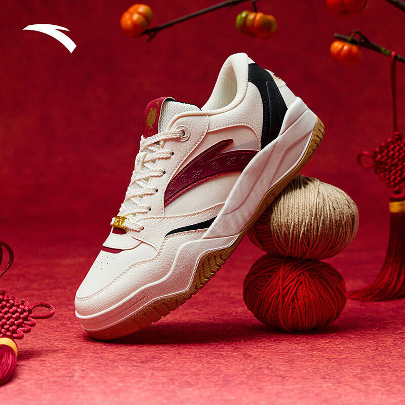 安踏波浪4新年板鞋男女板鞋情侣鞋新年红鞋时尚百搭防滑潮流休闲板鞋 象牙白/基础黑/朱赤红 37.5 （女6.5码）