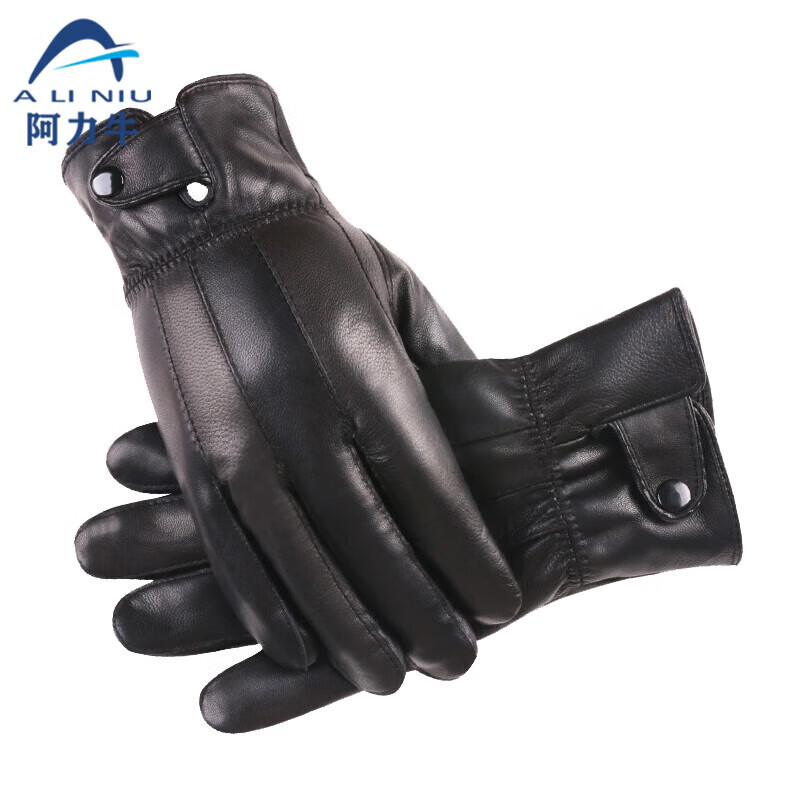 阿力牛 ASH61 羊皮加绒手套 分指加厚保暖防风手套 冬季保暖防风户外骑行机车 黑色