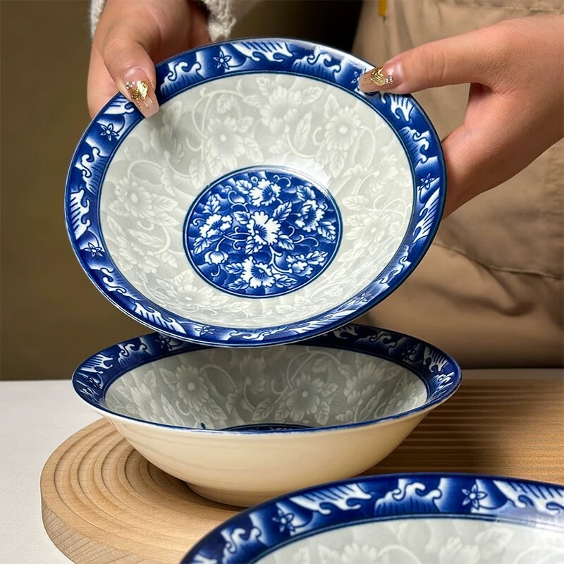 想迦4只青花瓷8英寸斗碗家用陶瓷餐具面碗汤碗中式陶瓷餐具 4只青花瓷8英寸斗碗