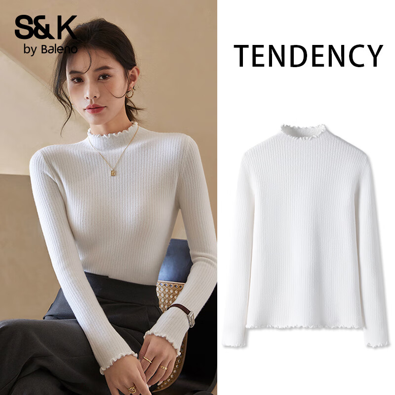 班尼路（Baleno）S&amp;K系列毛衣女装加厚保暖半高领针织衫内搭秋装新款木耳边上衣服 白#纯色 【木耳边一体绒毛衫】 L