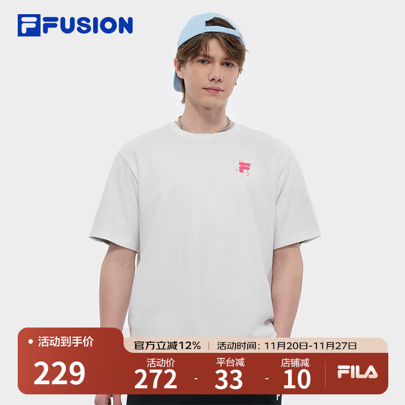 FILAFUSION斐乐潮牌情侣款针织短袖2025春夏新款凉感宽松纯棉T恤男女 标准白-WT（夏季上新） L L （175/96A）