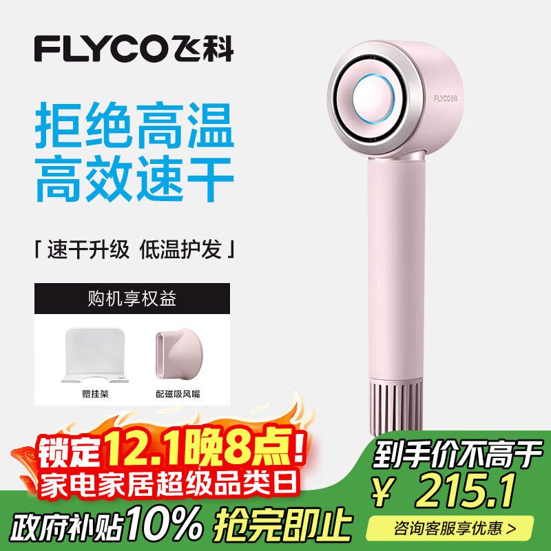 飞科（FLYCO）高速电吹风机生日礼物家用便携出行必备速干负离子大风力护发吹风筒FH6371钻石粉 国家补贴