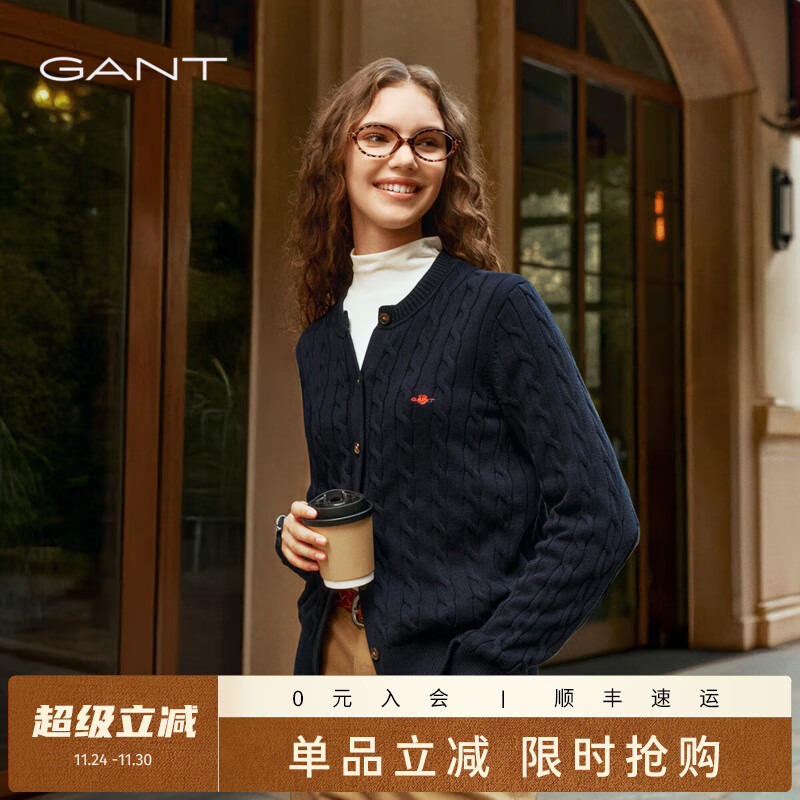 GANT【绞绞者】/甘特2025新款女装圆领纯棉复古风绞花长袖针织开衫 433-耶鲁蓝【开衫】 M