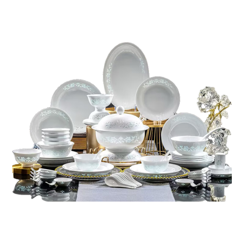 锦秋堂景德镇陶瓷器 58头釉下彩家用碗碟餐具套装 玲珑白瓷乔迁礼物礼盒 6-10人位|洗碗机可用 58件套