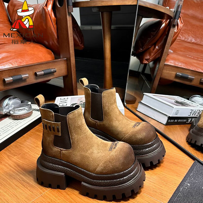稻草人（MEXICAN）冬季真皮复古擦色大头松糕厚底马丁靴套筒加绒切尔西短靴烟筒靴女 驼色加绒 35