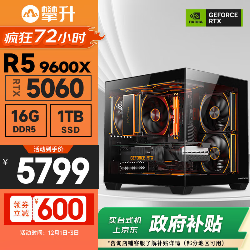攀升AMD锐龙R5 9600X/R7 9700X/7800X3D/9800X3D/5060Ti/5070设计渲染电竞游戏台式电脑主机台式机整机 配置五 R5 9600X RTX5060