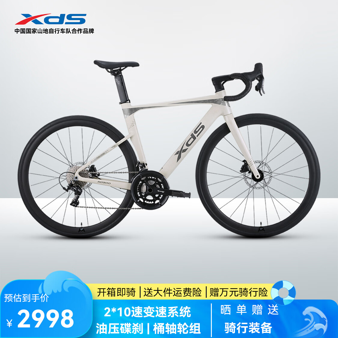 喜德盛公路自行车2025款AD300油碟UCI车架2x10速中空一体牙盘桶轴破风车 白蛇 480mm（适合身高165-175cm）