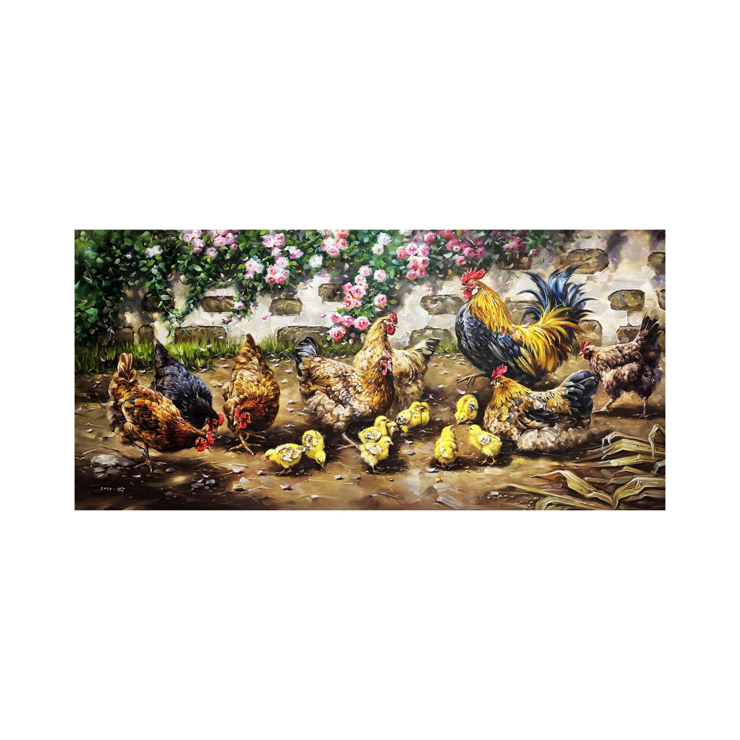 朝鲜精品油画《母鸡和小鸡》一级画家申于 长163宽77