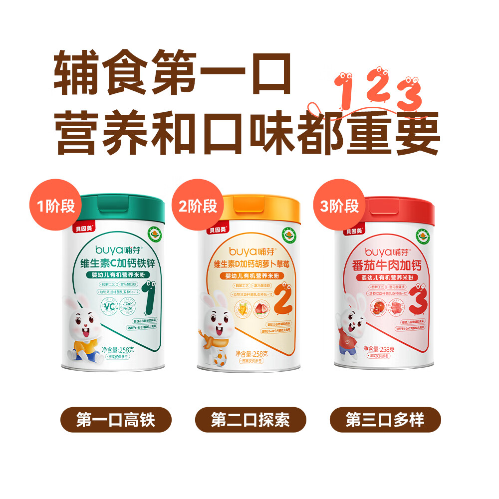 贝因美高铁米粉婴儿6个月钙铁锌米糊婴儿米粉/菜粉宝宝营养婴儿辅食米糊 三种口味各一罐 258g*3罐