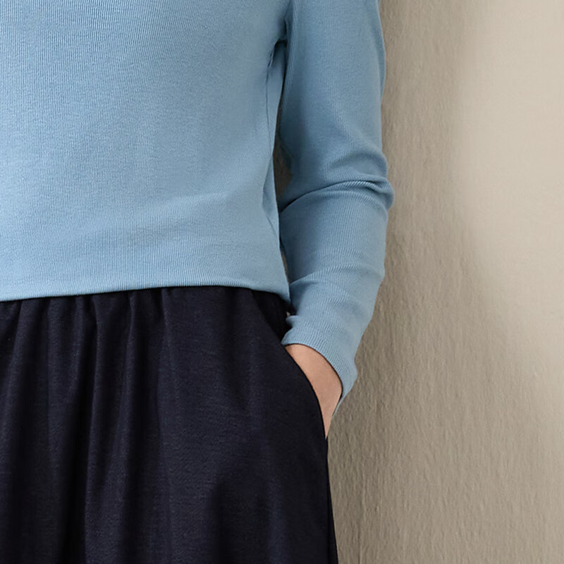 子牧棉麻秋装 女韩版百搭打底衫内搭长袖薄款圆领螺纹T恤上衣8689 经典黑大圆领 2XL (建议140-155斤)