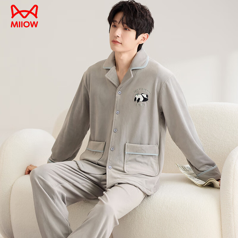 猫人（MiiOW）薄绒睡衣男士秋冬季2026新款保暖珊瑚绒短绒开衫男款加绒厚家居服 88646#男款AM XL