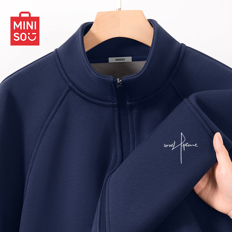 名创优品（MINISO）冬季卫衣男士立领拉链针织开衫外套加绒加厚运动风男款潮牌夹克衫 藏青(自由意志胸标) M /170(男女同款)