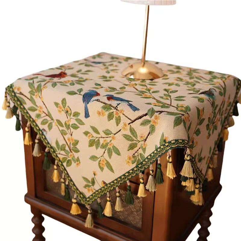 鹿婕法式复古风枝头鹦鹉桌布棉麻高级拍照氛围感床头柜保护垫防尘垫 枝头鹦鹉 四周绿色坠子【请勿机洗】 120*120cm