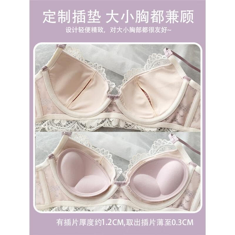 VICTTORIS BARS性感内衣女小胸聚拢文胸深V收副乳少女上托调整型美背胸罩套装 【套装】紫色 均码 70=32 （AB通用）