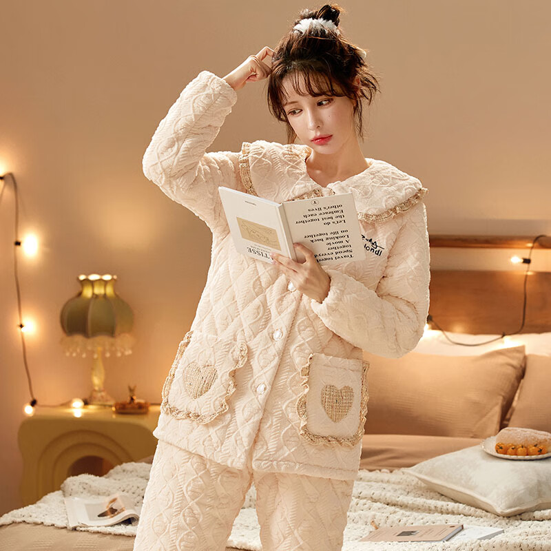 chunnian睡衣女秋冬加绒加厚珊瑚绒三层夹棉袄法兰绒女士保暖家居服套装 XEQN-2342米白 L
