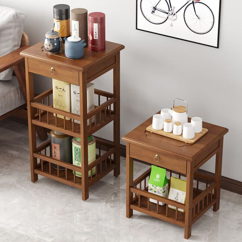 倘然之家简易茶水柜中式博古架小型茶几客厅家用边几置物架方桌茶叶收纳架 两层小号收纳架基础款 甄选高山楠竹新中式茶柜