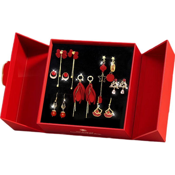 ?，斠恢芏h(huán)女士氣質(zhì)紅色耳釘禮盒本命年耳飾首飾老婆圣誕禮物送女友 鴻運當(dāng)頭耳釘禮盒