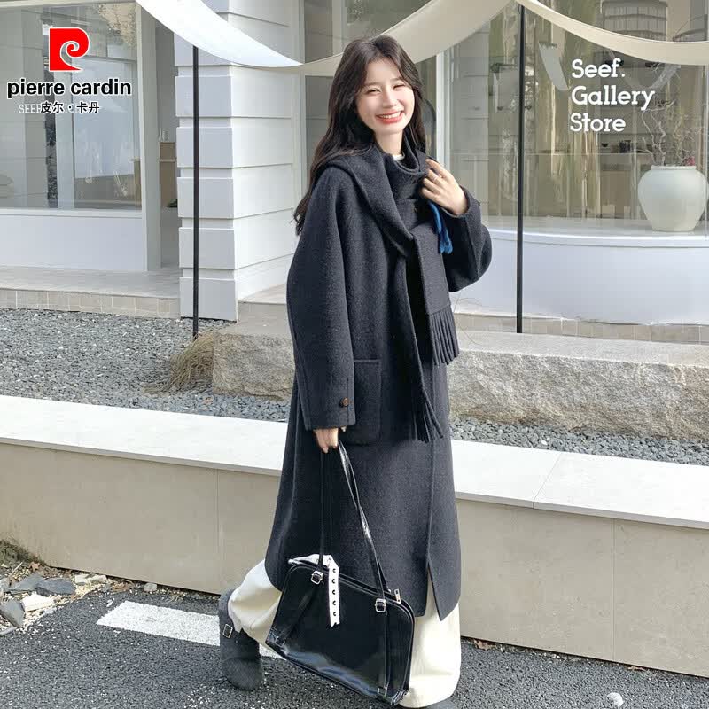 皮尔卡丹双面呢大衣女中长款2025秋冬季宽松显瘦气质巨好看的羊毛呢外套 灰色 S