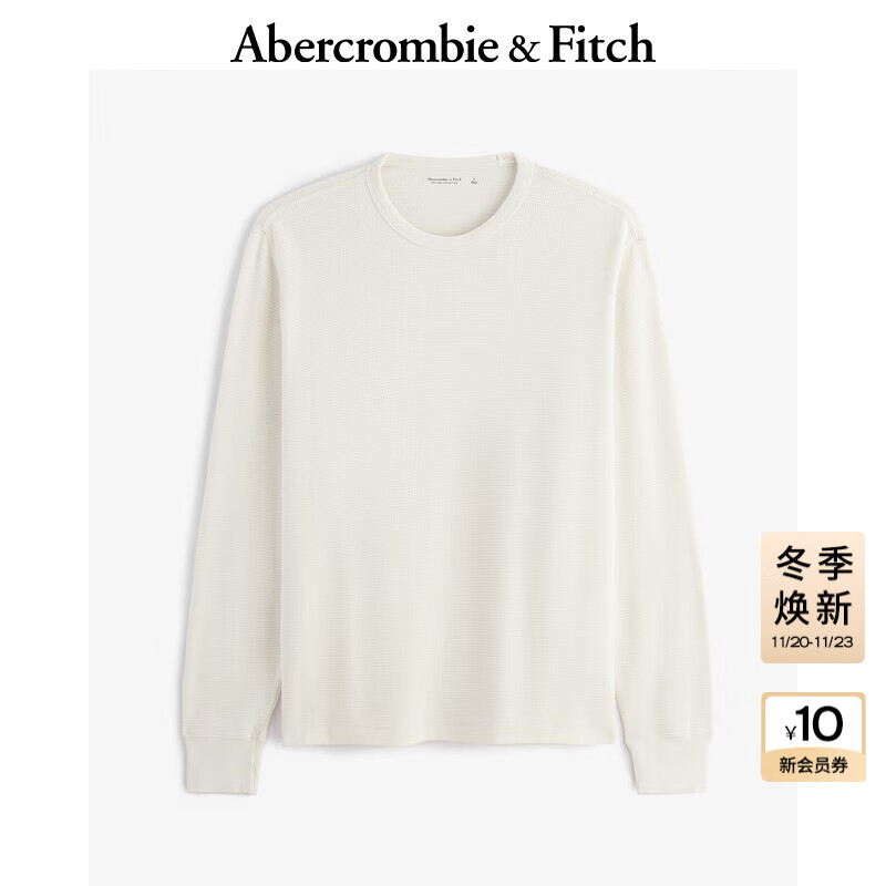 Abercrombie &amp; Fitch男装25春季美式复古舒适百搭宽松华夫格圆领长袖T恤124-4532 象牙白 S (175/92A)