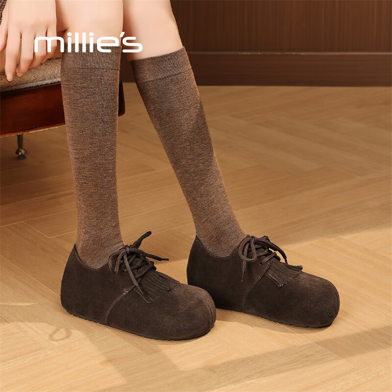 妙丽勃肯鞋女平底加绒复古乐福鞋保暖潮流2025冬季新款百搭通勤单鞋 咖色 35 (225mm) 标准码