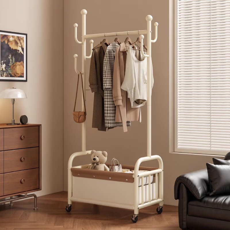 衣炫衣架落地立式衣帽架卧室挂家用室内创意轻奢晾衣架多功能收纳置物 【22管径】60cm奶油白 +白棕皮质收纳筐