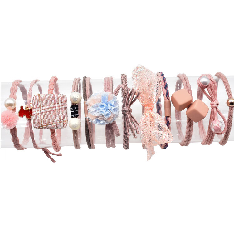 韩国小清新基础款发绳发饰扎头发马尾橡皮筋甜美头绳发圈12件套装 粉加蓝12件套盒装