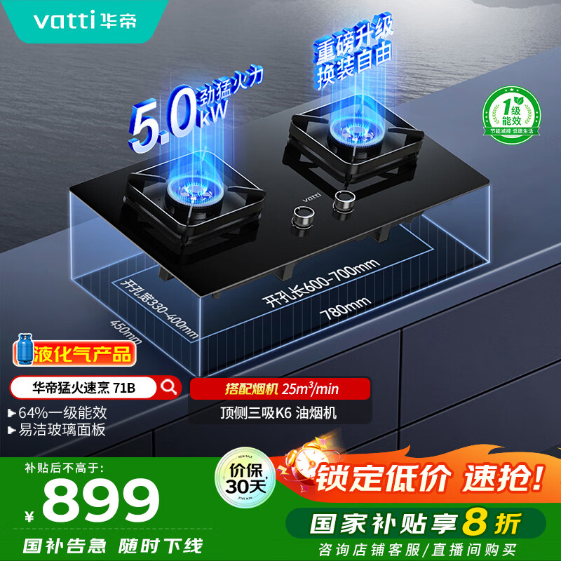 华帝（VATTI）国家补贴20%燃气灶煤气灶台式嵌入式5.0kW猛火熄火保护一级能效双灶台灶具i10071B【液化气商品