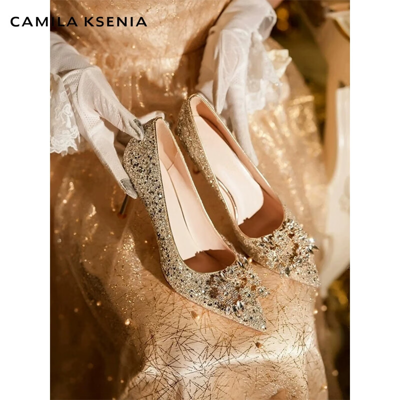 CAMILA KSENIA高跟鞋女士2026年新款夏季休闲百搭婚鞋香槟色秀禾婚纱两穿新娘鞋 香槟色-细跟6.5厘米 37