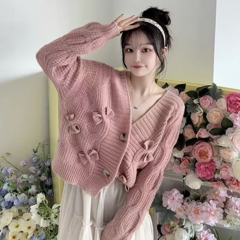 小红书针织开衫毛衣外套女早秋2025新款巨好看设计感毛球上衣 软糯蝴蝶结粉色 均码 80140斤