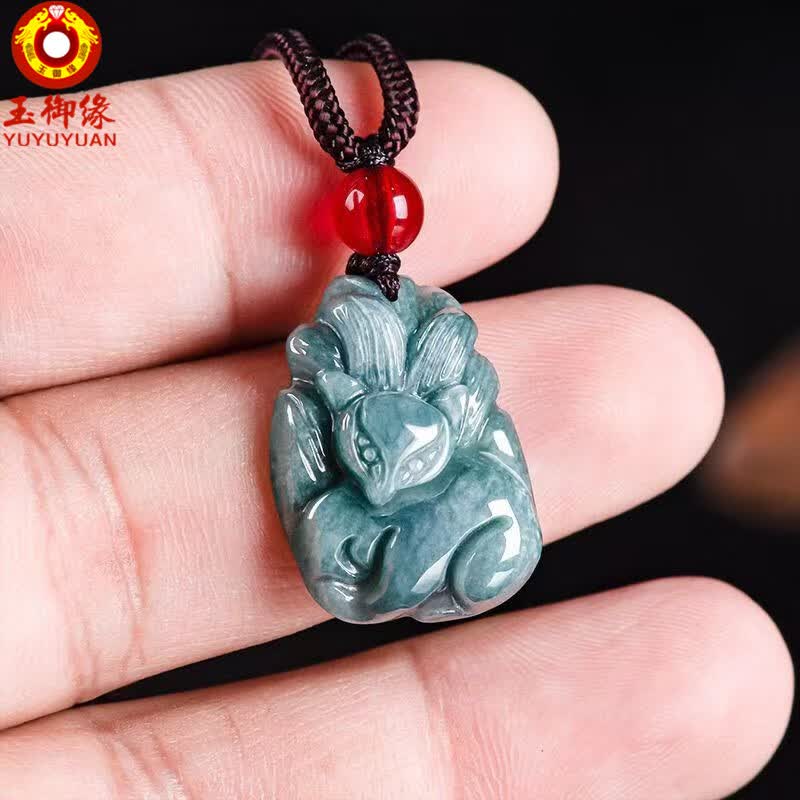 玉御缘原创正品天然A货翡翠蓝水狐狸九尾狐糯种玉石吊坠挂件高档男女款
