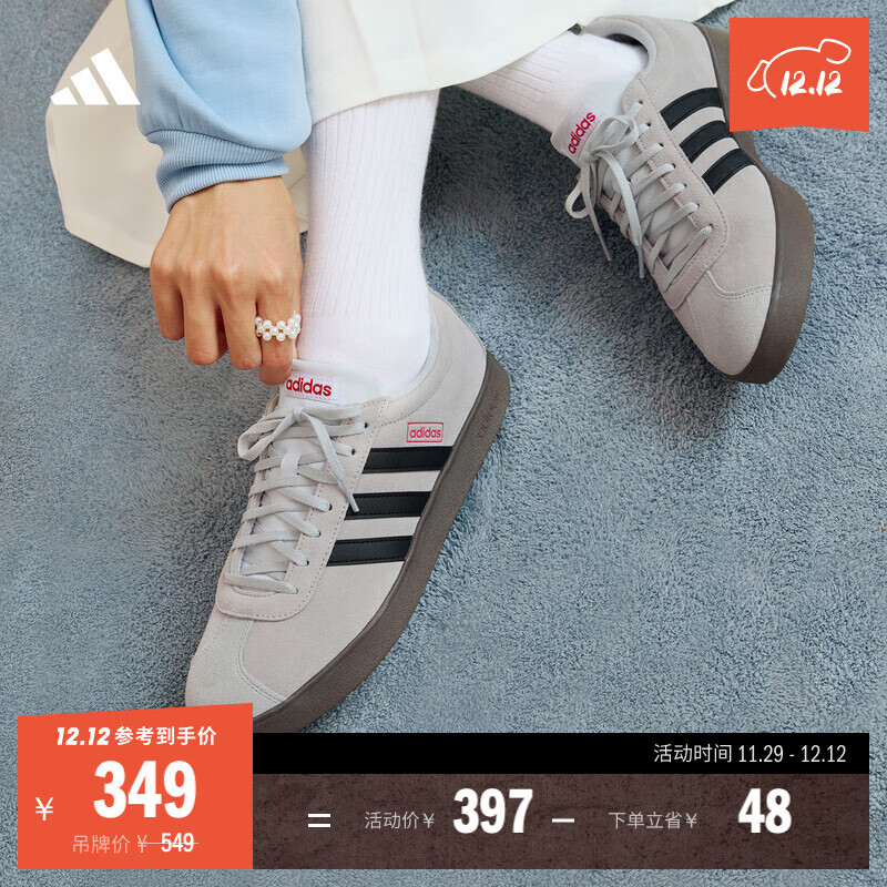 adidas「T头鞋」VL COURT复古休闲板鞋德训鞋男女阿迪达斯轻运动   灰色/黑色/红色   38