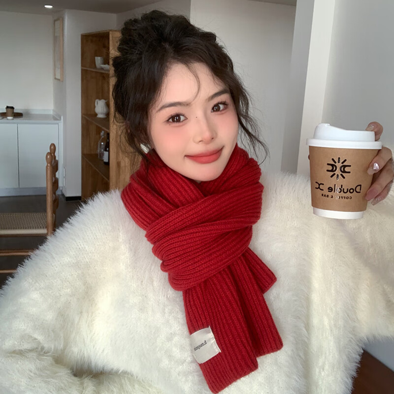 UNFADER红色围巾女款2025新款冬季韩系氛围感高级感新年蓝色围脖百搭秋冬 红色