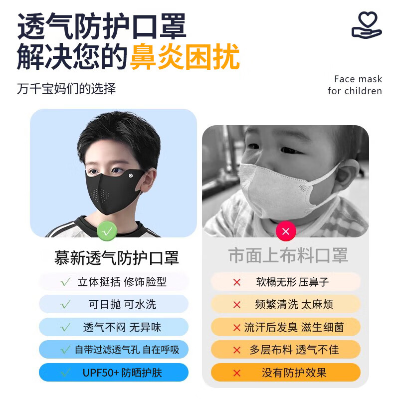 LUCYLEE美国儿童过敏性鼻炎专用口罩防花粉灰尘冷空气防护过滤孔透气防晒 5只 秋冬款（4-15岁）黑色【过滤透气孔】