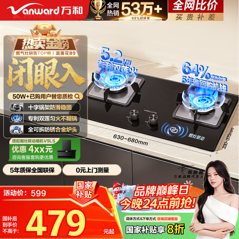 万和（Vanward）【蓝莲花B9·5.2kW】天然气燃气灶猛火烟灶联动以旧换新国家补贴20%嵌入式家用煤气双炉具台B9L50