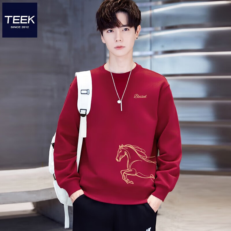 TEEK2026马年本命年衣服纯棉男士卫衣国潮酒红色策马奔腾贺岁喜庆上衣 【常规款】YW2936酒红色 M