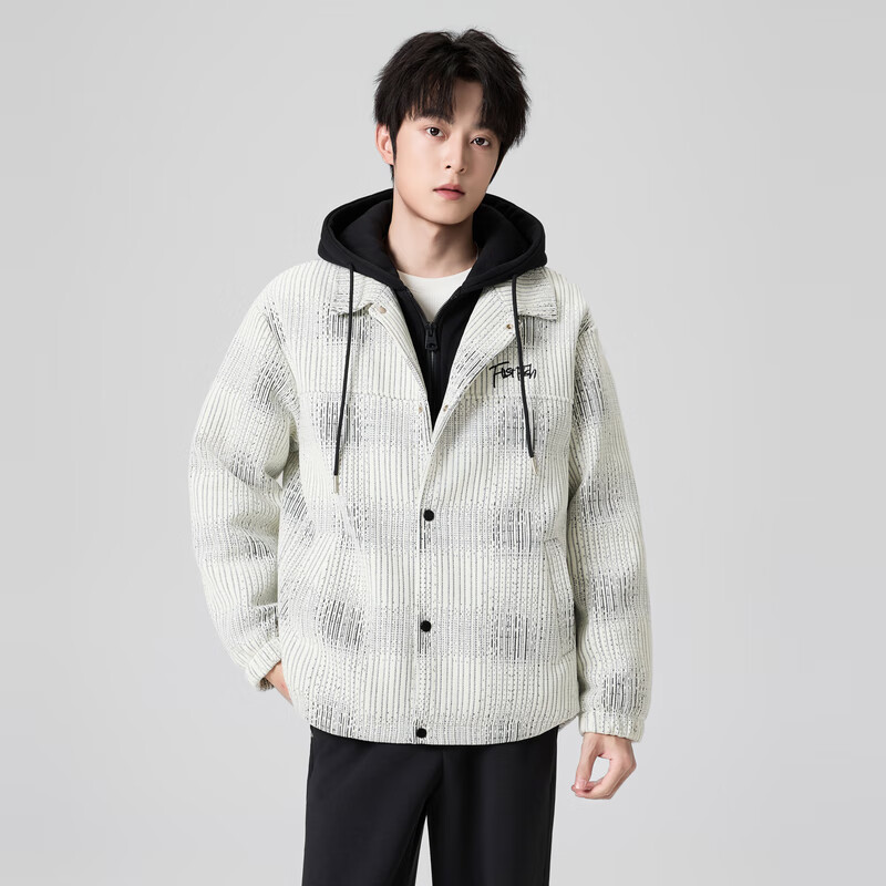 快鱼针织羽绒服男2025新款冬季撞色连帽假两件保暖厚外套休闲百搭男装 米白 2XL