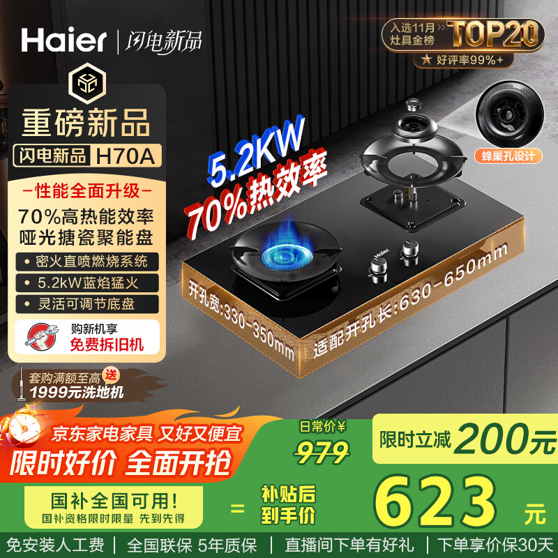 海尔（Haier）天然气燃气灶双灶 家用节能台嵌两用嵌入式 70%高热效率5.2kw超密火 【国家补贴20%】可调底盘H70A