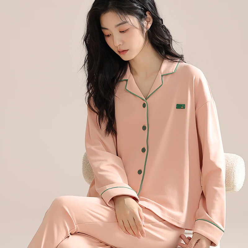 猫人纯棉睡衣女士2025年新款100%全棉秋冬季家居服可外穿大码长袖套装 桃粉色 100%纯棉 L 【适合100-120斤】