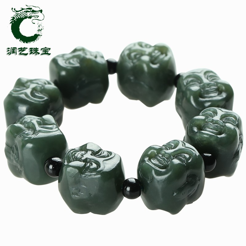 润艺 和田玉佛头手链 男女款青玉佛公手串双面雕刻情侣链